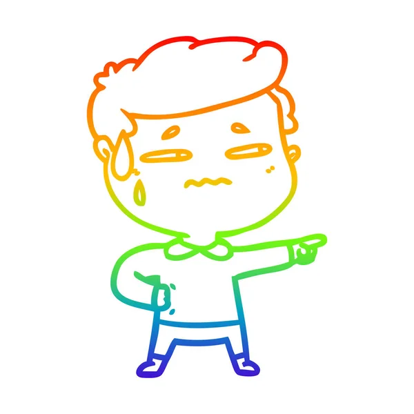 Regenbogengradienten Linie Zeichnung Karikatur ängstlichen Mann zeigt — Stockvektor