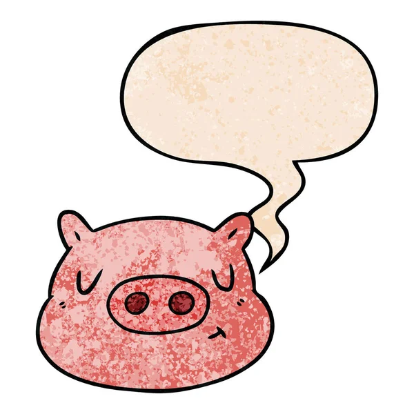 Cara de cerdo de dibujos animados y burbuja del habla en estilo de textura retro — Vector de stock