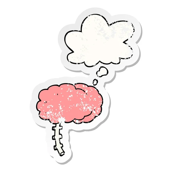 Cartoon brain and thought bubble as a distressed worn sticker — Stock Vector