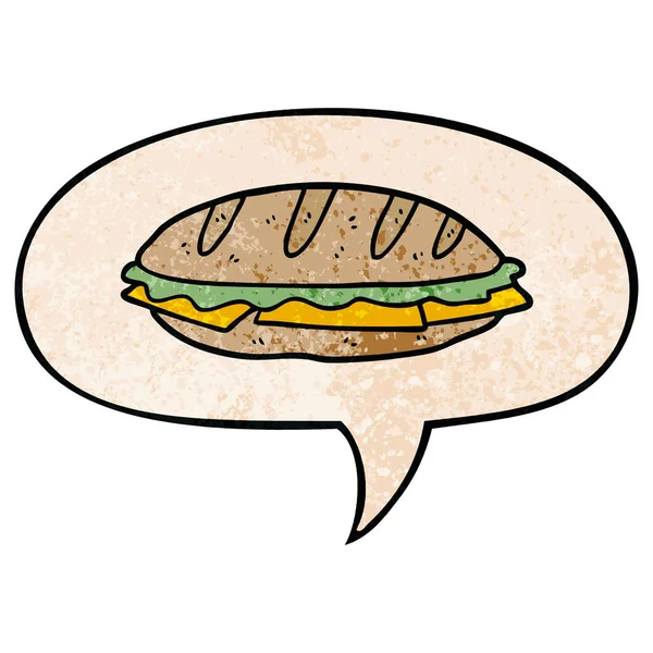 Retro doku tarzında karikatür chesse sandviç ve konuşma balonu — Stok Vektör