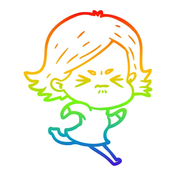Rainbow gradient line drawing cartoon angry girl — Stock Vector
