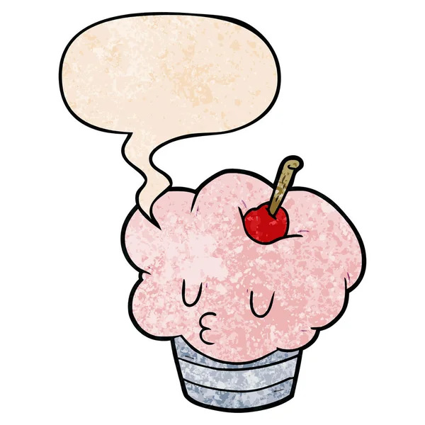 Cupcake dessin animé drôle et bulle de parole dans le style de texture rétro — Image vectorielle