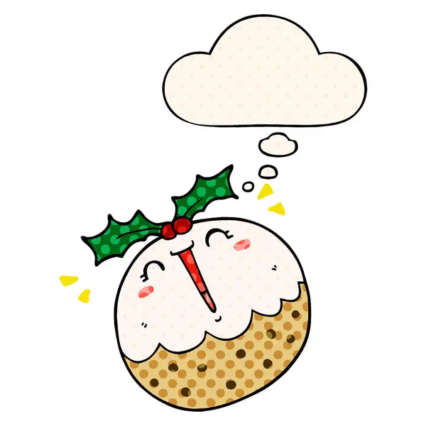 Carino cartone animato budino di Natale e bolla di pensiero nel fumetto — Vettoriale Stock
