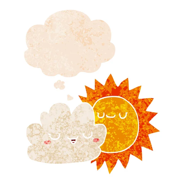 Retro dokulu tarzda karikatür güneş ve bulut ve düşünce balonu — Stok Vektör