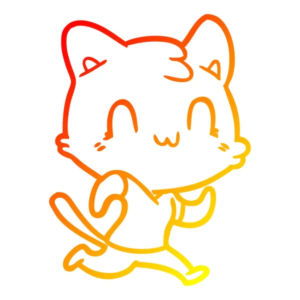 Línea de gradiente caliente dibujo dibujos animados feliz gato corriendo — Vector de stock