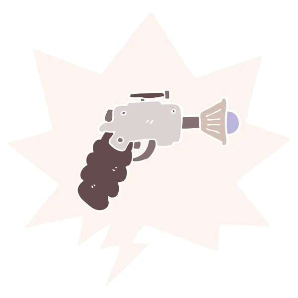 Pistola de rayos de dibujos animados y burbuja de habla en estilo retro — Vector de stock