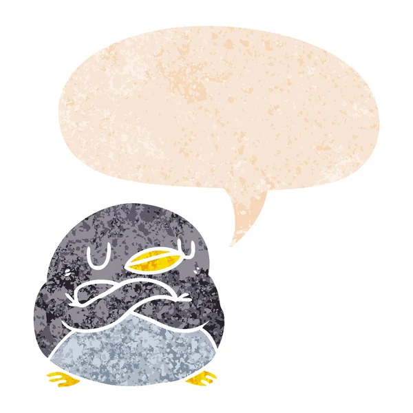 Pingüino de dibujos animados y burbuja del habla en estilo texturizado retro — Archivo Imágenes Vectoriales