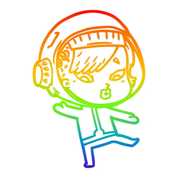 虹のグラデーションライン描画漫画宇宙飛行士の女性 — ストックベクタ