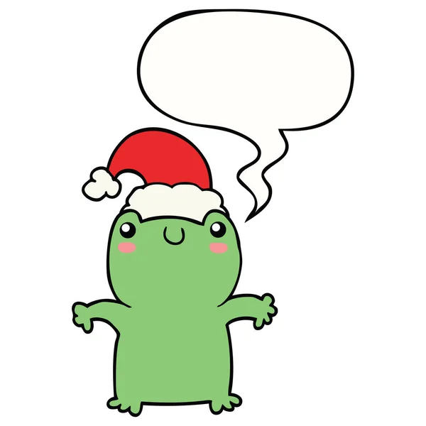 Cute cartoon frog wearing christmas hat and speech bubble — Stock Vector