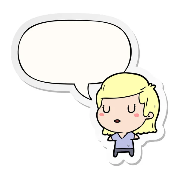 Cartoon vrouw en toespraak bubble sticker — Stockvector
