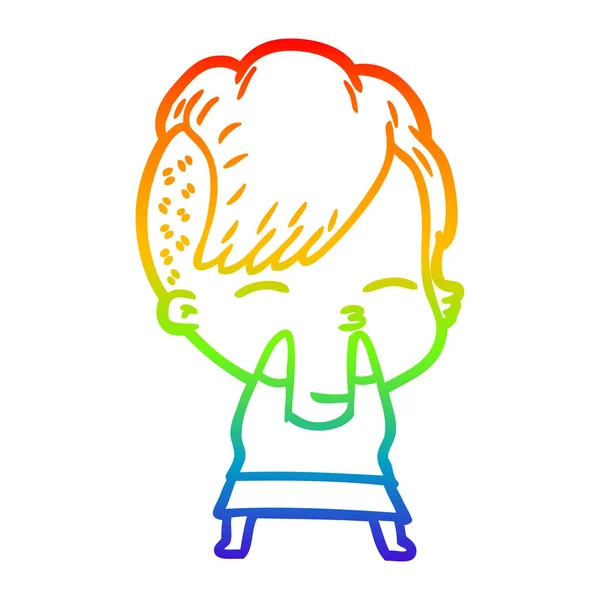 Rainbow gradient line drawing cartoon squinting girl — Stock Vector