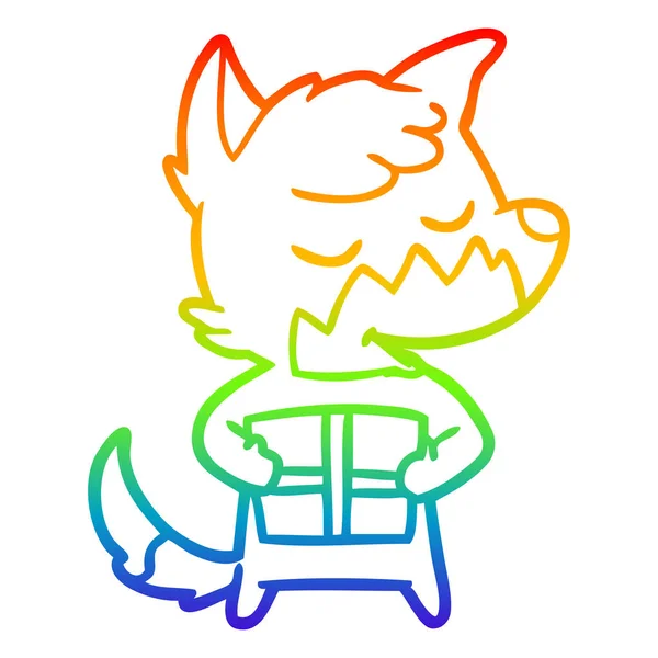 Rainbow gradient line drawing friendly cartoon fox with christma — Stock Vector