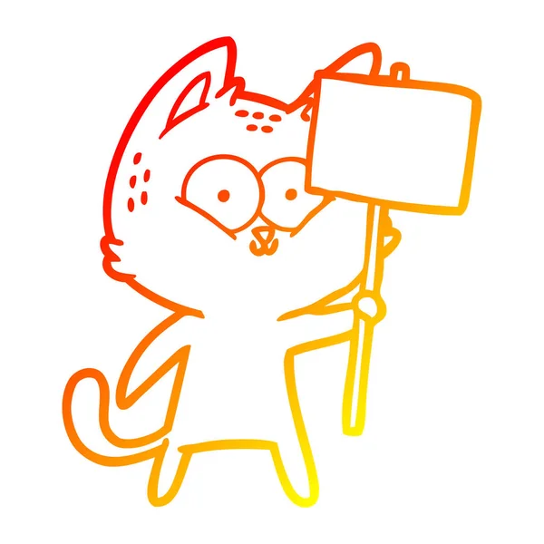 Línea de gradiente caliente dibujo gato de dibujos animados con pancarta — Vector de stock