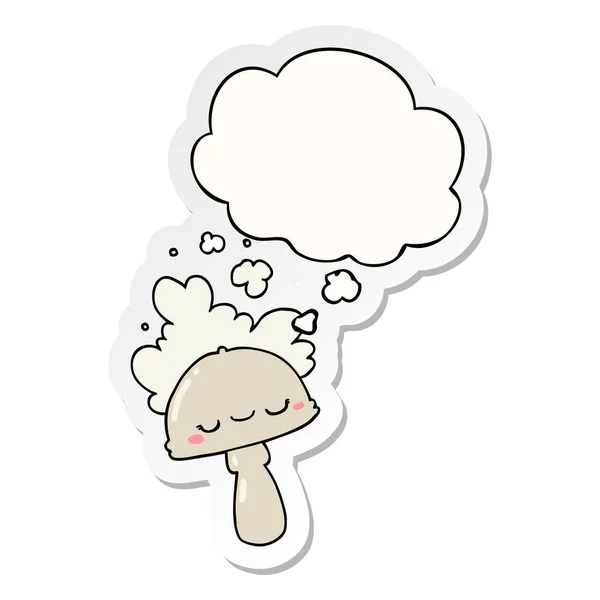 Jamur kartun dengan awan spoor dan gelembung pemikiran sebagai cetakan - Stok Vektor