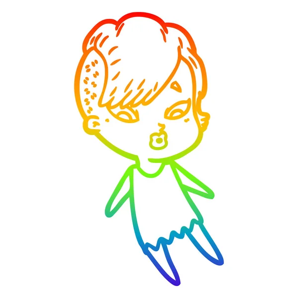 Rainbow gradient line drawing cartoon surprised girl — Stock Vector