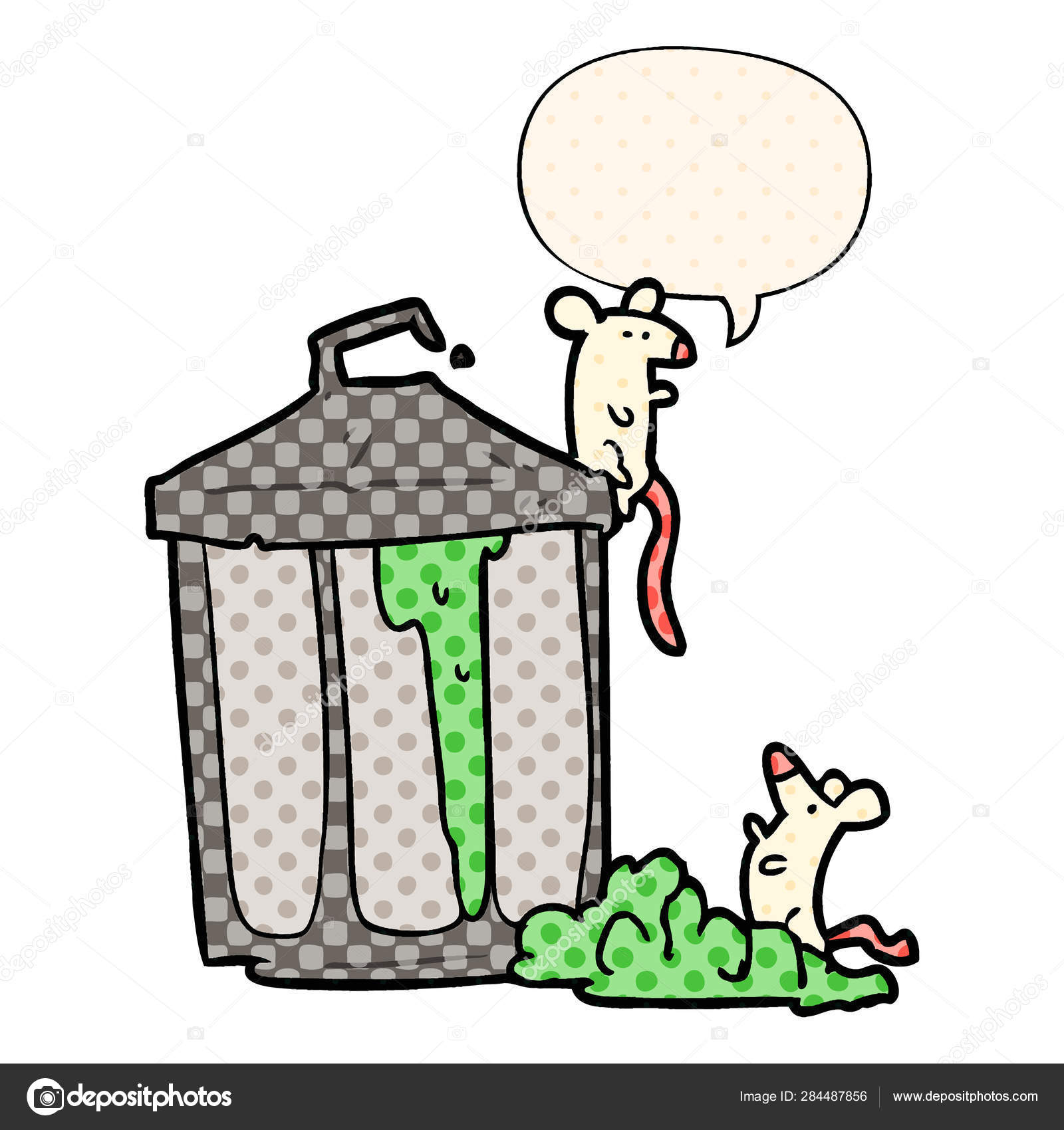 Cartoon old metal garbage can and mice and speech bubble in comi Stock