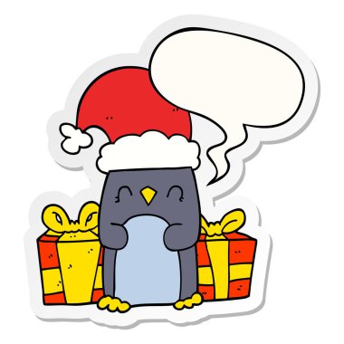 sevimli noel penguen ve konuşma kabarcık etiket