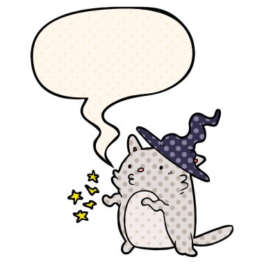 komik bo büyülü şaşırtıcı karikatür kedi sihirbazı ve konuşma balonu