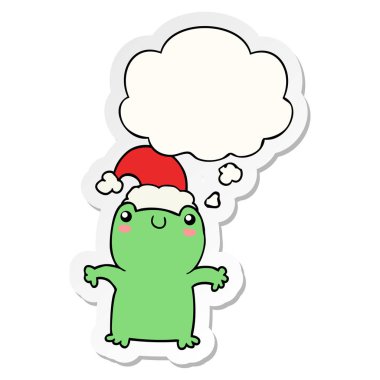 sevimli karikatür kurbağa noel şapka giyen ve bir olarak kabarcık düşündüm 