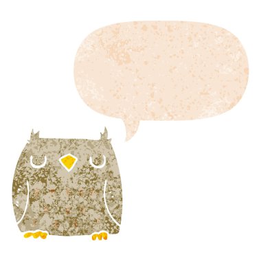 retro dokulu tarzı sevimli karikatür baykuş ve konuşma balonu