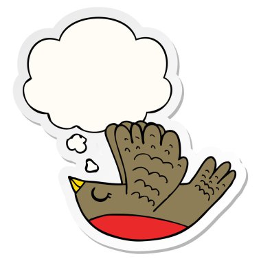 karikatür uçan kuş ve baskılı bir etiket olarak kabarcık düşünce