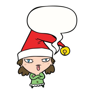 karikatür kız noel şapka ve konuşma balonu giyiyor