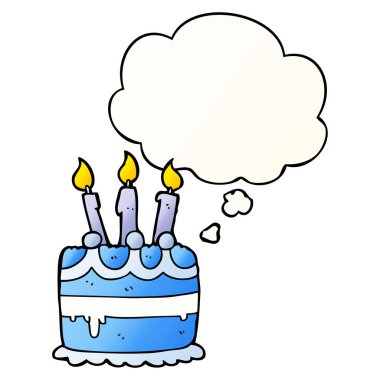 karikatür doğum günü pastası ve pürüzsüz degrade stil düşünce balonu