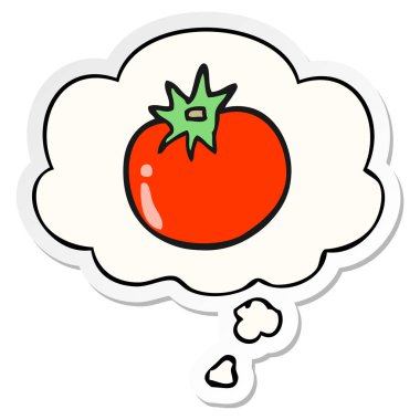 karikatür domates ve baskılı bir etiket olarak kabarcık düşünce