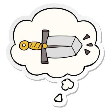 karikatür kılıç ve baskılı bir etiket olarak kabarcık düşünce