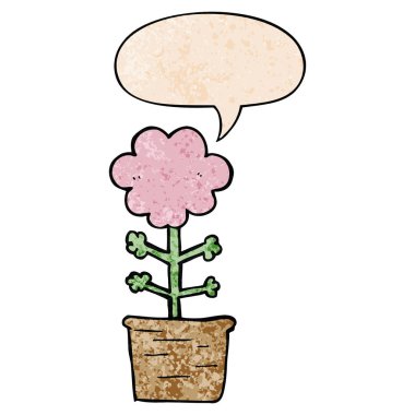 retro doku tarzında sevimli karikatür çiçek ve konuşma balonu