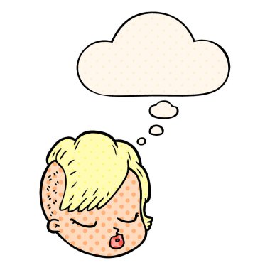 çizgi roman tarzında karikatür kadın yüz ve düşünce balonu