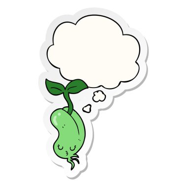 çizgi film filizlenen fasulye ve baskılı bir etiket olarak kabarcık düşünce