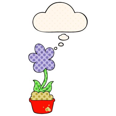 sevimli karikatür çiçek ve çizgi roman tarzında kabarcık düşünce