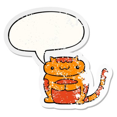 sevimli karikatür kedi ve konuşma balonu sıkıntılı etiket