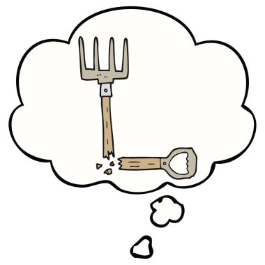 karikatür kırık pitchfork ve düşünce balonu
