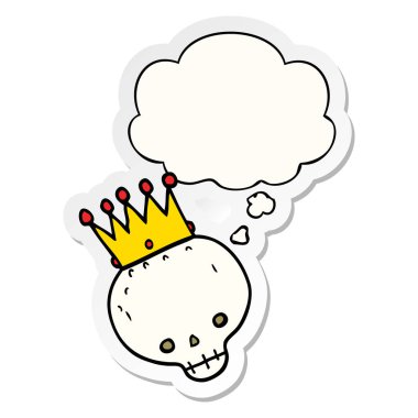 basılı bir etiket olarak taç ve düşünce balonu ile karikatür kafatası