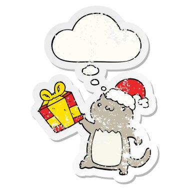 sevimli karikatür noel kedi ve sıkıntılı bir wo olarak kabarcık düşündüm