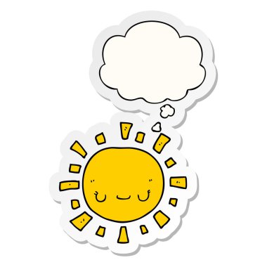 karikatür güneş ve baskılı bir etiket olarak kabarcık düşünce