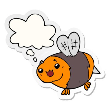 komik karikatür arı ve baskılı bir etiket olarak kabarcık düşünce