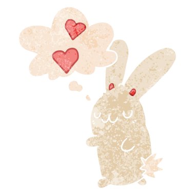 retro dokulu stilde aşk ve düşünce balonu karikatür tavşan