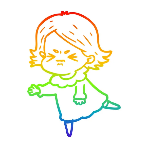 Rainbow gradient linje ritning tecknad arg kvinna — Stock vektor