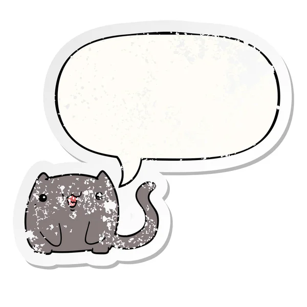 Cartoon cat and speech bubble distressed sticker — Stock Vector