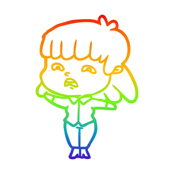 Rainbow gradient line drawing cartoon worried woman — Stock Vector
