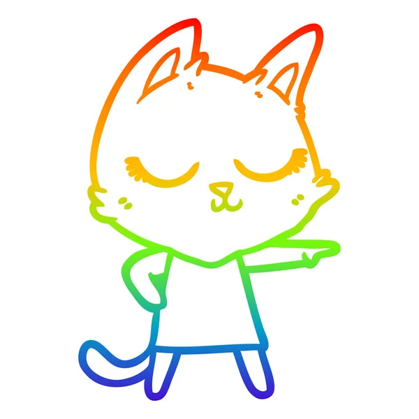 Rainbow gradient ligne dessin calme dessin animé chat fille pointant — Image vectorielle