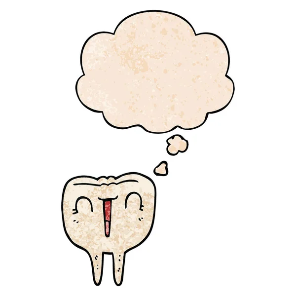 Desenho animado dente feliz e bolha de pensamento no padrão de textura grunge — Vetor de Stock