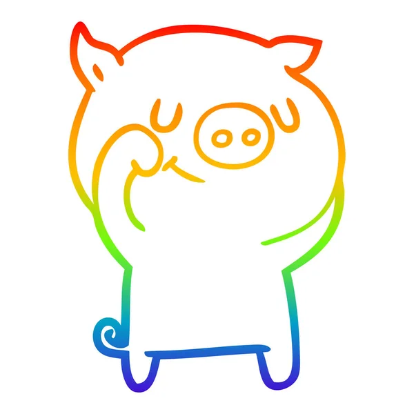 虹のグラデーションラインは幸せな漫画の豚を描く — ストックベクタ