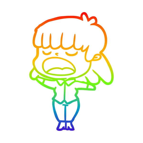 Regenboog gradiënt lijntekening cartoon vrouw praten luid — Stockvector