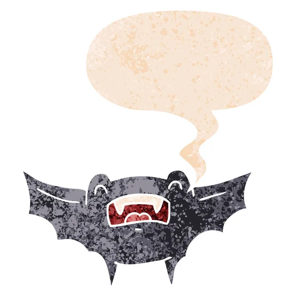 Murciélago vampiro de dibujos animados y burbuja de habla en estilo retro texturizado — Vector de stock