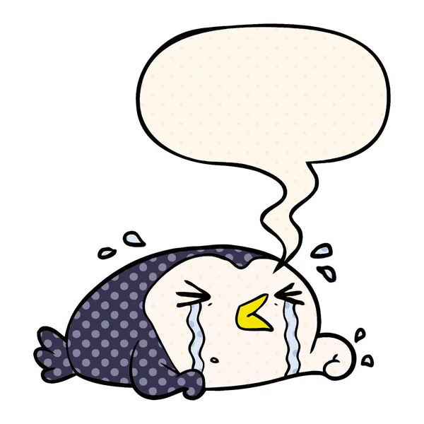 Tecknad Crying Penguin och pratbubbla i serietidning stil — Stock vektor