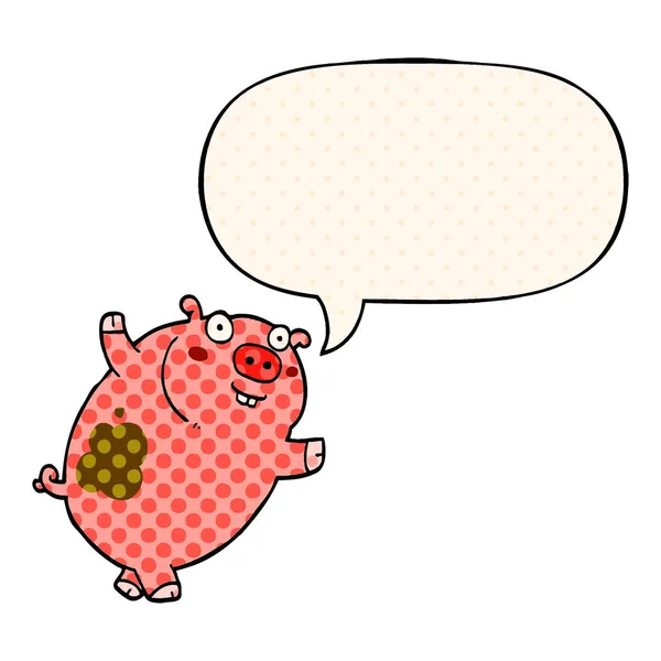 Drôle de dessin animé cochon et bulle de parole dans le style de bande dessinée — Image vectorielle